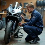 Mécanicien professionnel inspectant les freins d'une moto dans un atelier de contrôle technique