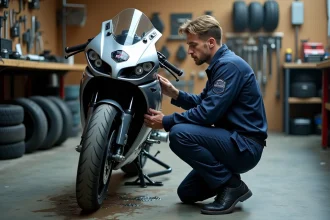 Mécanicien professionnel inspectant les freins d'une moto dans un atelier de contrôle technique