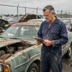 Mécanicien inspectant une voiture hors d'usage dans une casse automobile pour le rachat de véhicule épave