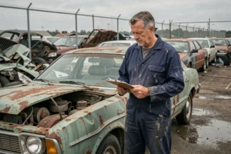 Mécanicien inspectant une voiture hors d'usage dans une casse automobile pour le rachat de véhicule épave