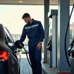 Jeune mecanicien vérifiant le bouchon de carburant d'une voiture moderne