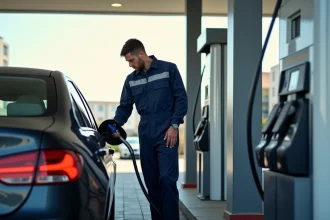Jeune mecanicien vérifiant le bouchon de carburant d'une voiture moderne