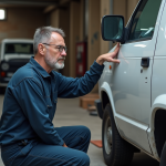 Mécanicien homme en overalls examine un van blanc