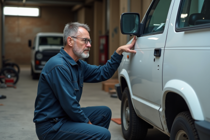 Mécanicien homme en overalls examine un van blanc