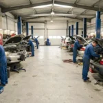 Vue d'ensemble d'un atelier de mécanique automobile dans le Morbihan avec plusieurs mécaniciens au travail