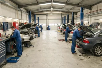 Vue d'ensemble d'un atelier de mécanique automobile dans le Morbihan avec plusieurs mécaniciens au travail