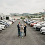 Vaste parking d'un concessionnaire de voitures d'occasion dans la Loire avec rangées de véhicules et vendeur accueillant des clients