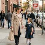 Mère accompagnant sa fille à l'école dans une zone à faibles émissions, panneau ZFE visible en arrière-plan