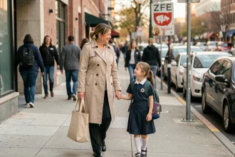 Mère accompagnant sa fille à l'école dans une zone à faibles émissions, panneau ZFE visible en arrière-plan
