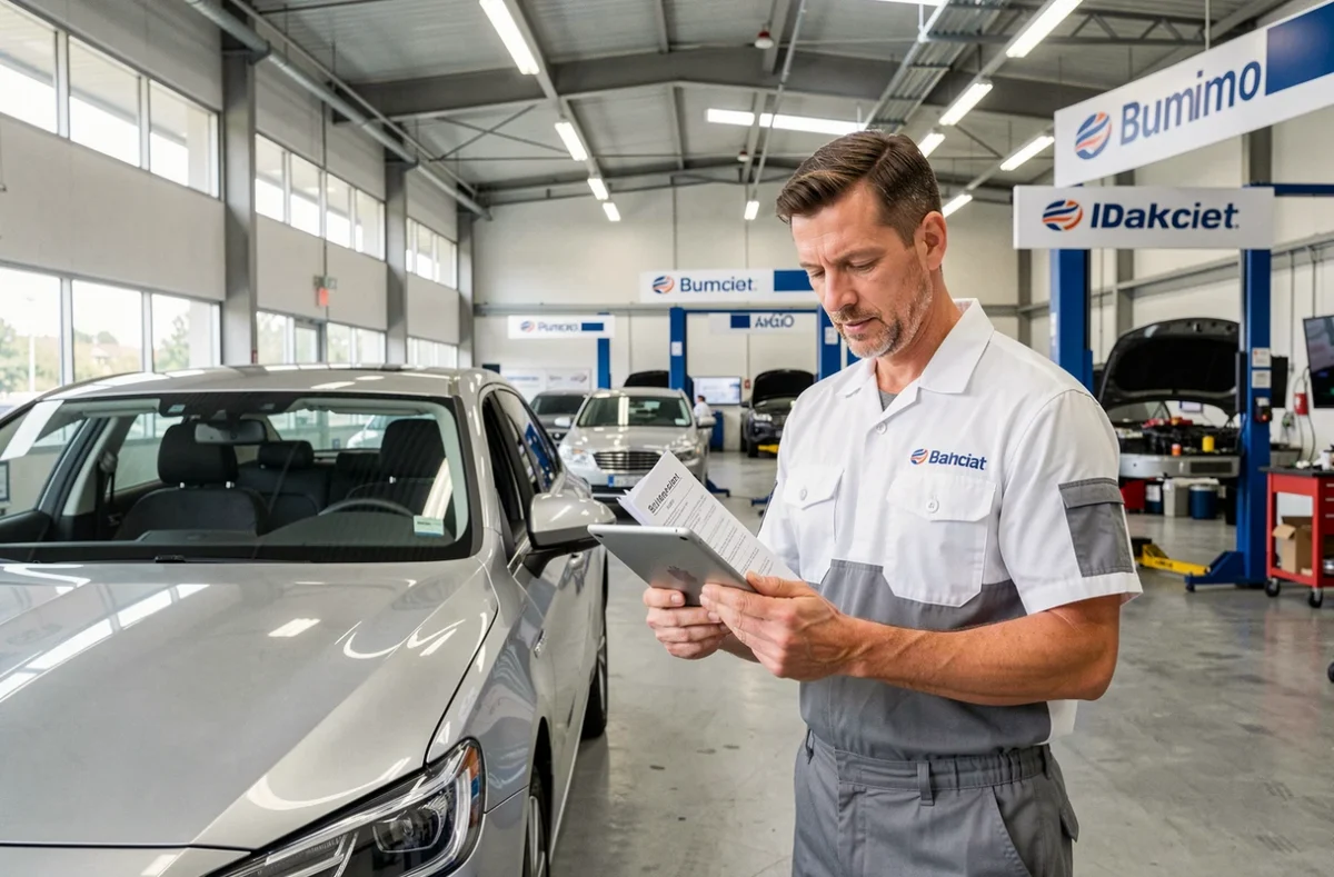 Mécanicien de Morbihan Auto consultant un rapport d'inspection sur tablette dans un centre auto moderne