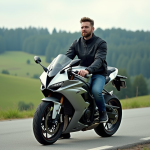 Motard homme barbu sur une moto en campagne