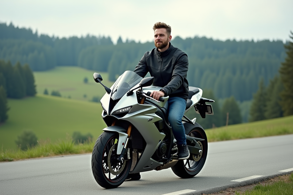 Motard homme barbu sur une moto en campagne