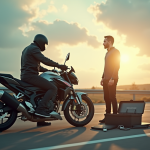 Motard inquiet avec moto en panne sur l'autoroute en plein jour
