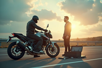 Motard inquiet avec moto en panne sur l'autoroute en plein jour