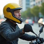 Motard homme en casque jaune ajustant la sangle en ville