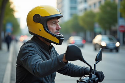 Motard homme en casque jaune ajustant la sangle en ville