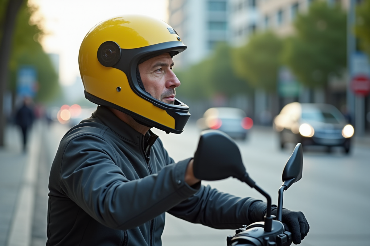 Motard homme en casque jaune ajustant la sangle en ville