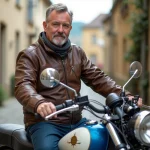 Motard avec moto classique dans un village français