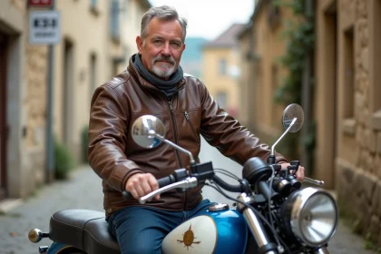 Motard avec moto classique dans un village français