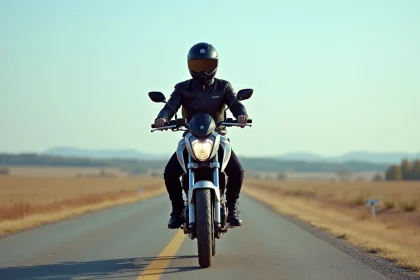 Jeune motard en protection sur Yamaha MT125 en campagne