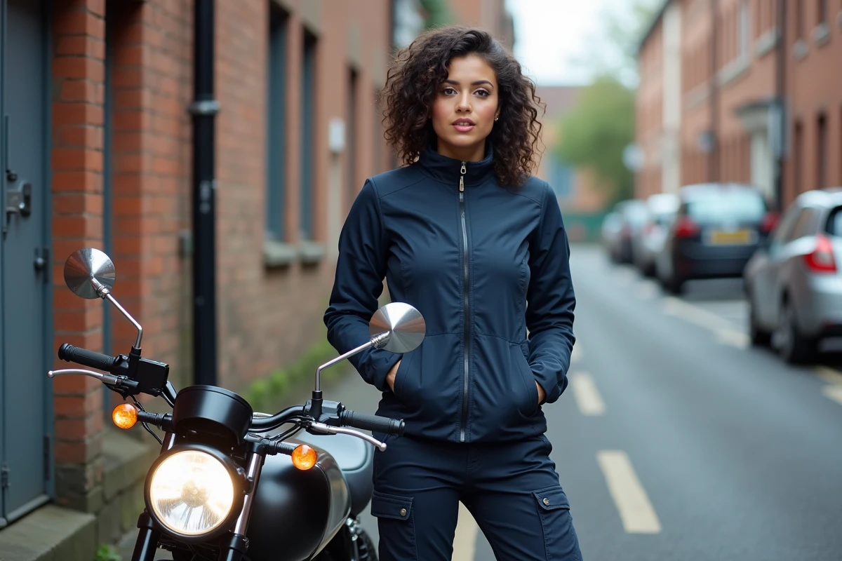Jeune femme motarde avec sa BENDA 125 customisée légalement en milieu urbain