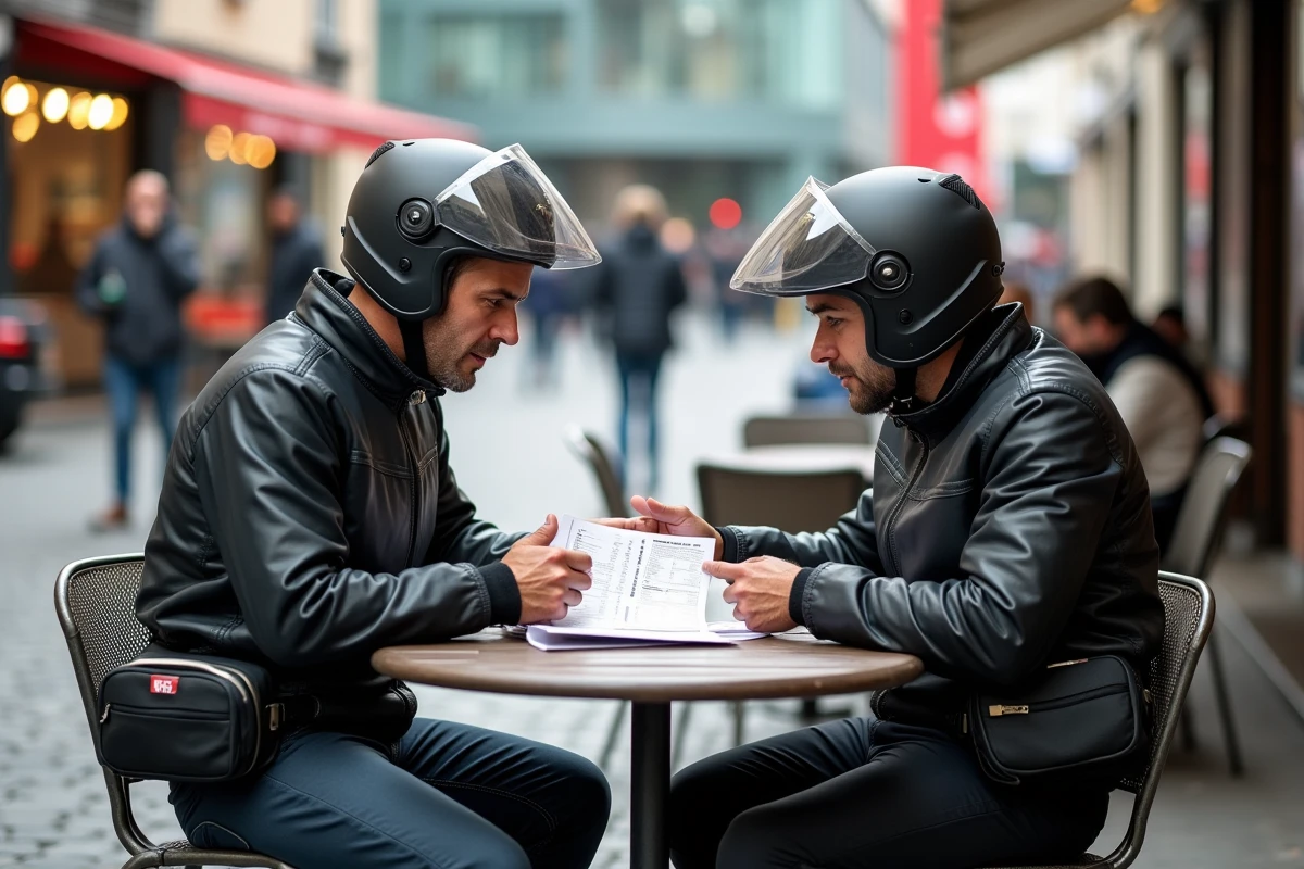 Deux motards planifiant leur week-end au salon moto EICMA Milan 2026 en terrasse