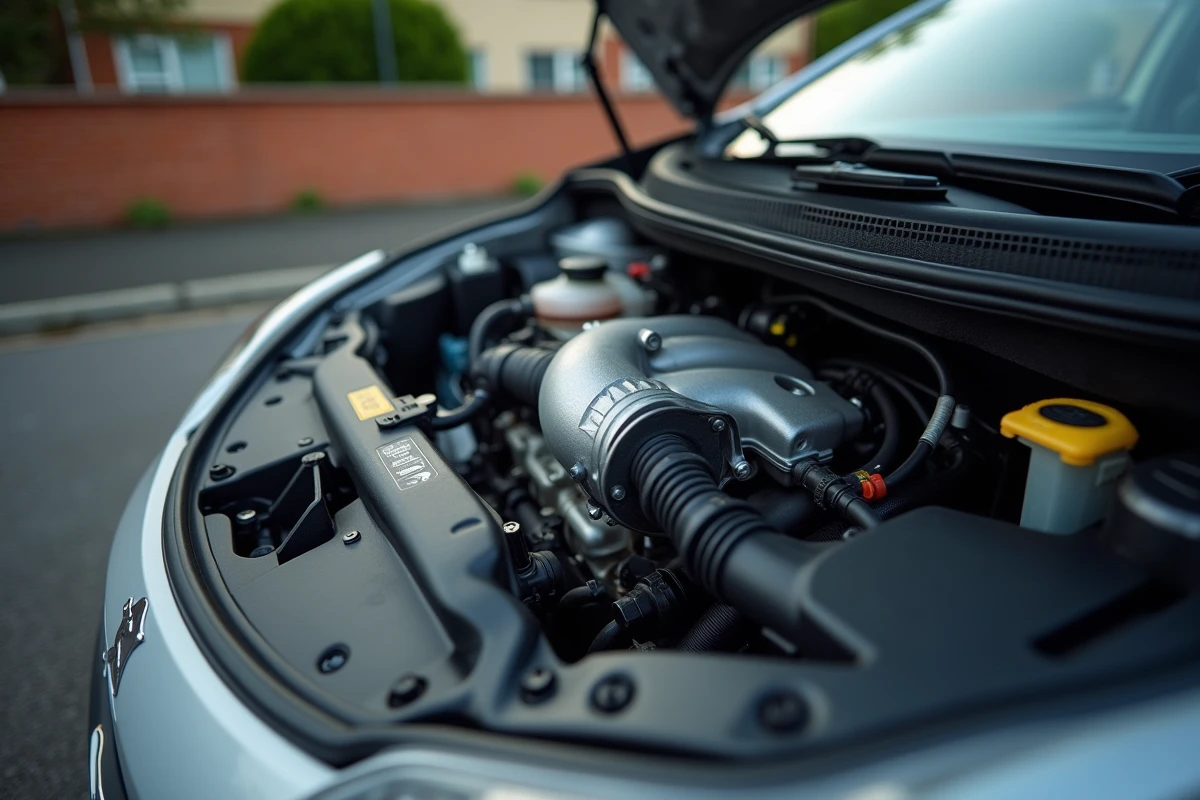 Vue détaillée du compartiment moteur d'une Peugeot 208 montrant le turbocompresseur et l'actionneur lié au code défaut P2563