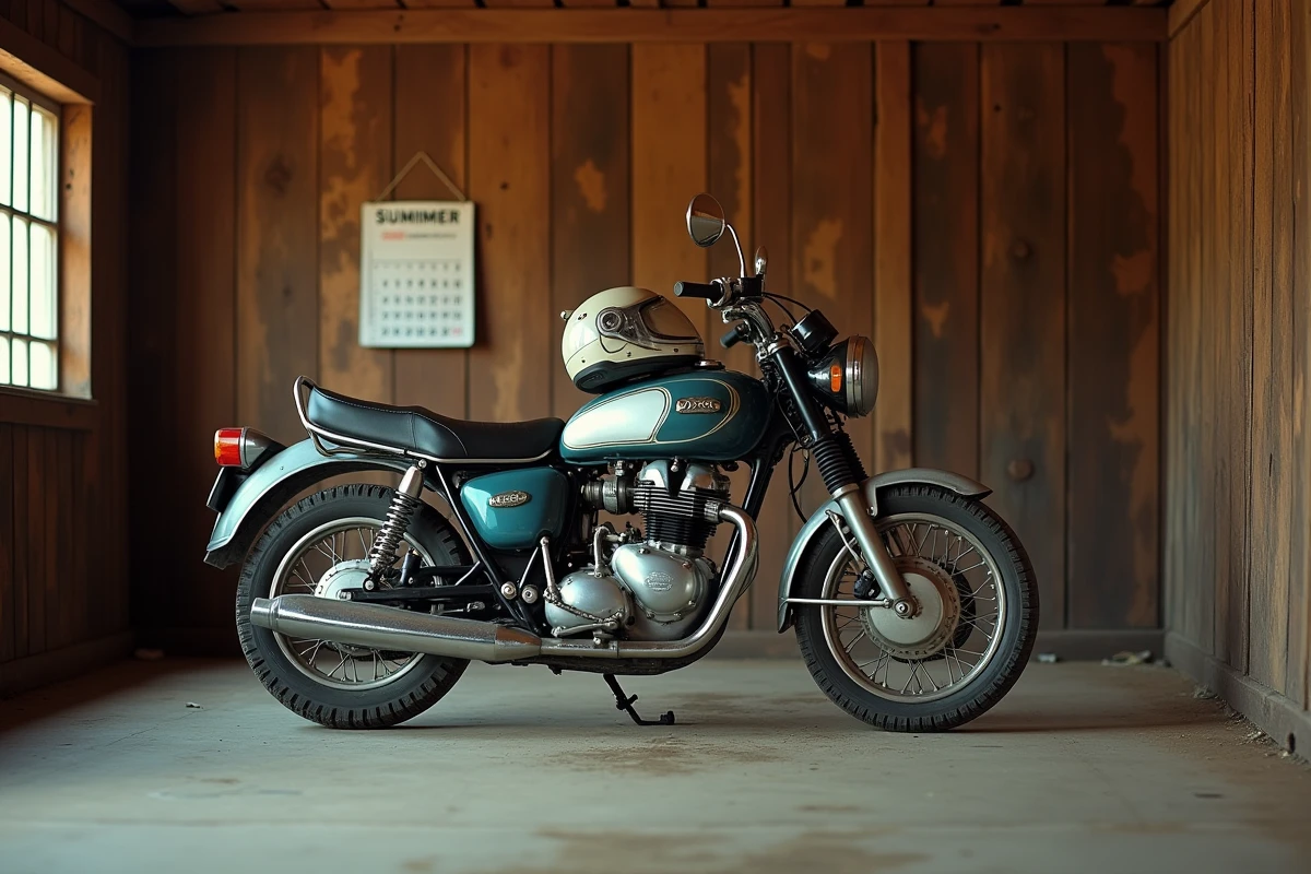 Moto ancienne garée dans un garage rural poussiéreux utilisée uniquement en été et soumise au contrôle technique deux-roues