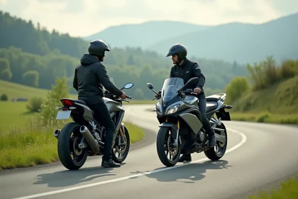 Deux motards en tenue moderne discutent à côté de leurs motos sur une route de campagne
