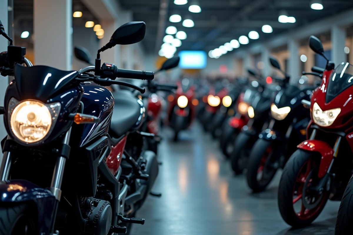 Vastes rangées de motos en showroom avec voyants allumes