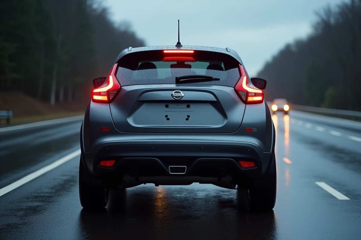 Nissan Juke vu de derrière sur une autoroute mouillée, test de fiabilité moteur sur route