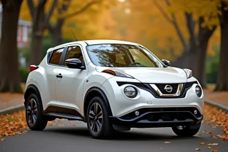 Nissan Juke essence garé dans une rue résidentielle, vue trois quarts avant mettant en valeur le design compact du SUV