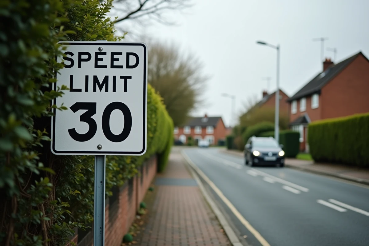 Panneau de limitation de vitesse à 30 mph en zone résidentielle avec rue et trottoir en arrière-plan