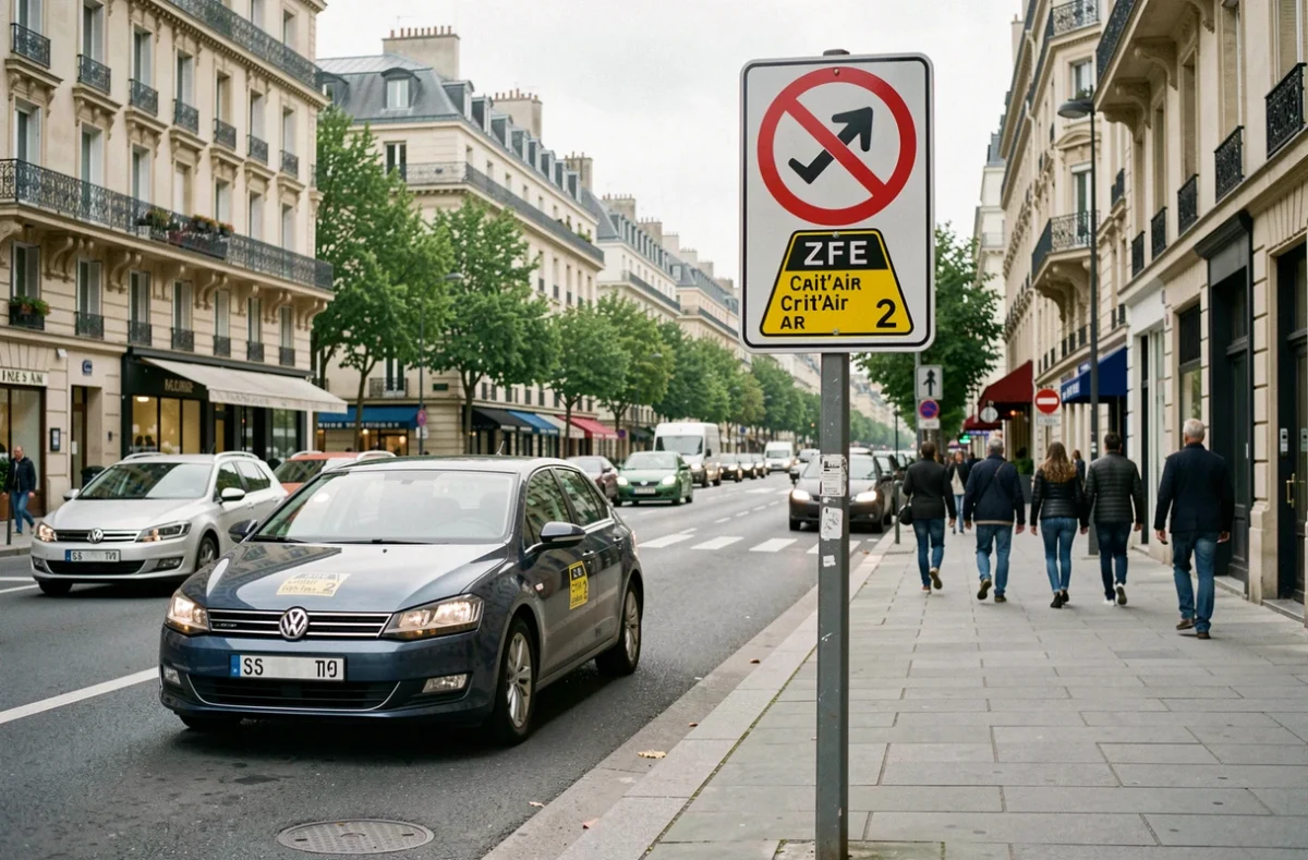 Panneau de zone à faibles émissions ZFE en ville avec voiture diesel Crit'Air 2 approchant l'intersection