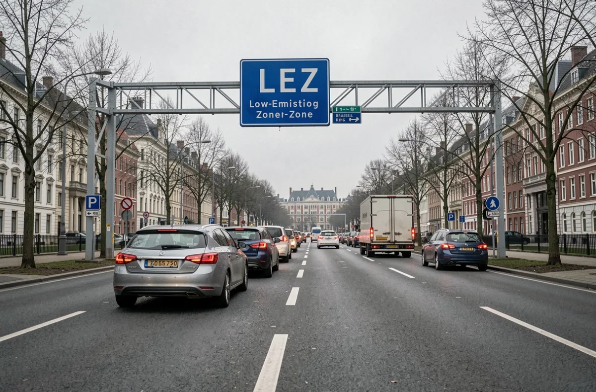 Entrée de la zone de basses émissions de Bruxelles avec panneau LEZ et file de véhicules soumis à la vignette de 35 euros