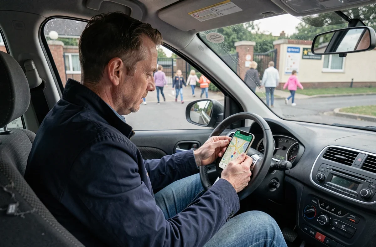 Père consultan son téléphone dans sa voiture devant une école après l'annulation de la ZFE