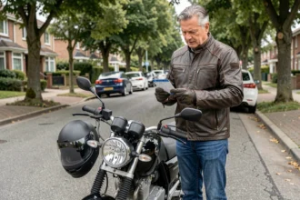Homme de 45 ans avec son permis B et une moto 125cc dans une rue résidentielle