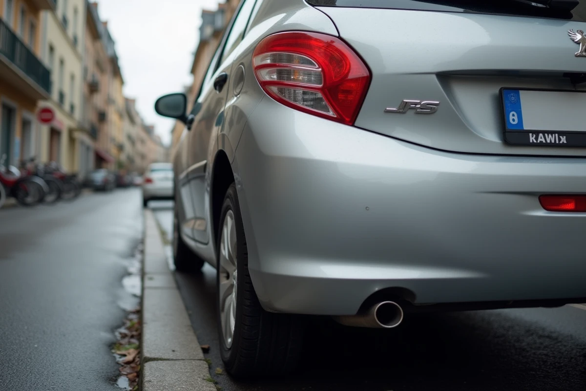 Peugeot 207 garée dans une rue urbaine avec échappement visible illustrant un problème de système antipollution