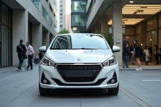 Peugeot 208 blanche garée en ville, vue trois quarts avant pour illustrer les motorisations disponibles