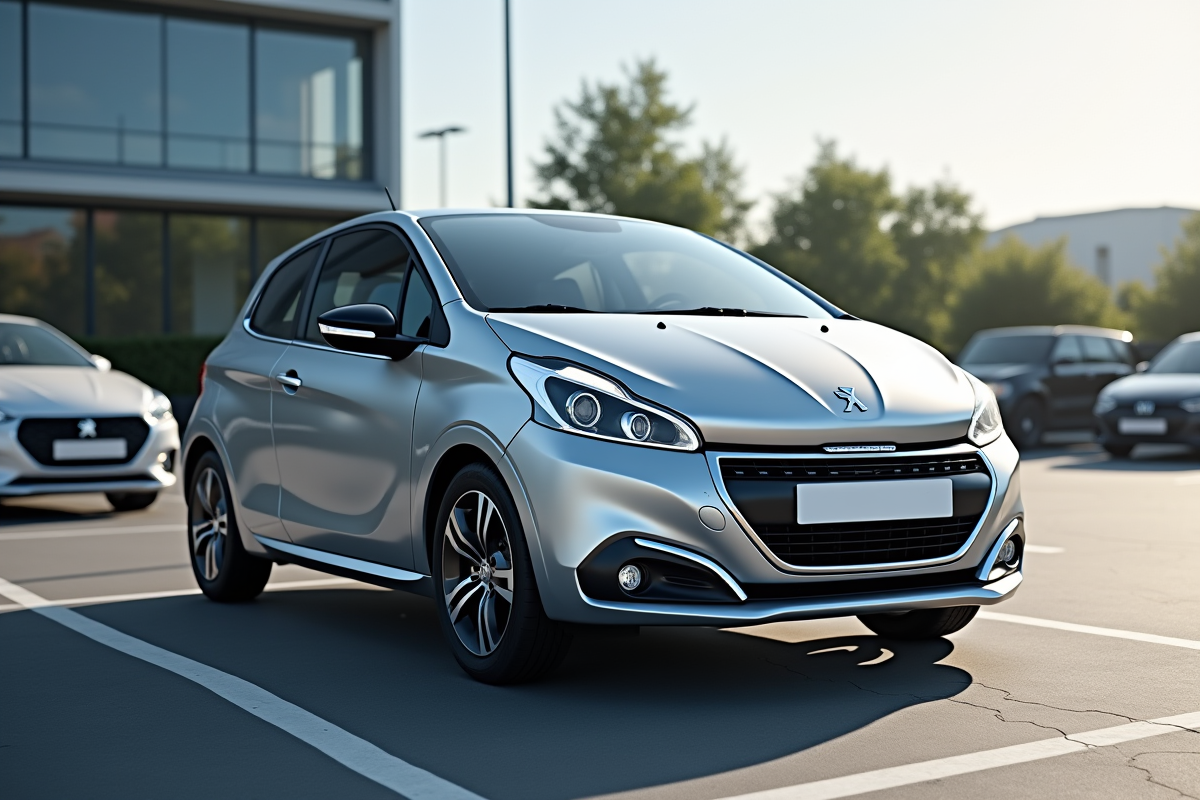 Voiture Peugeot 208 moderne en stationnement urbain
