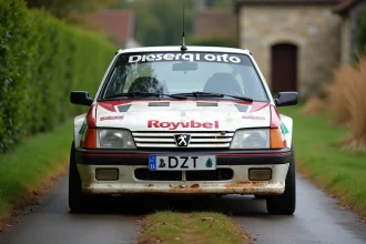 Peugeot 306 Maxi en version rallye garée sur une route de campagne française entourée de haies vertes