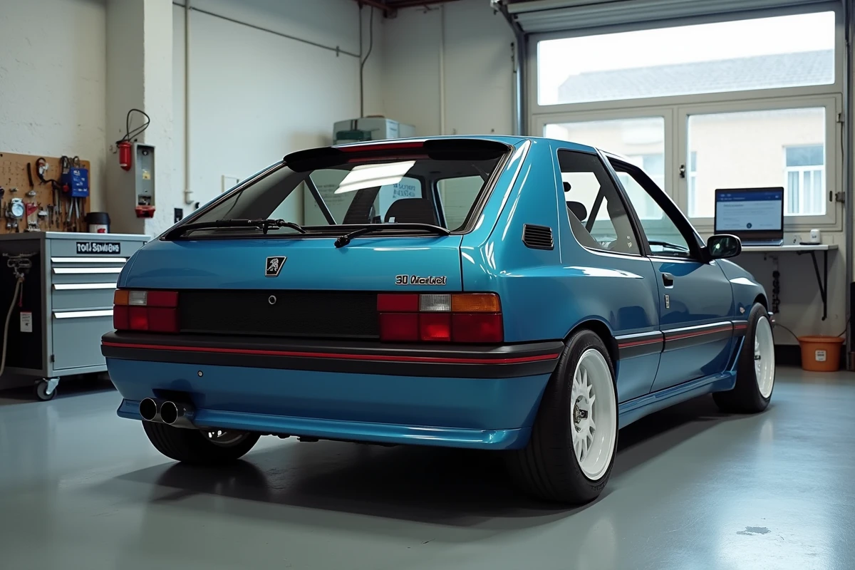 Peugeot 306 Maxi dans un garage espagnol avec des annonces de vente en ligne visibles sur un ordinateur portable