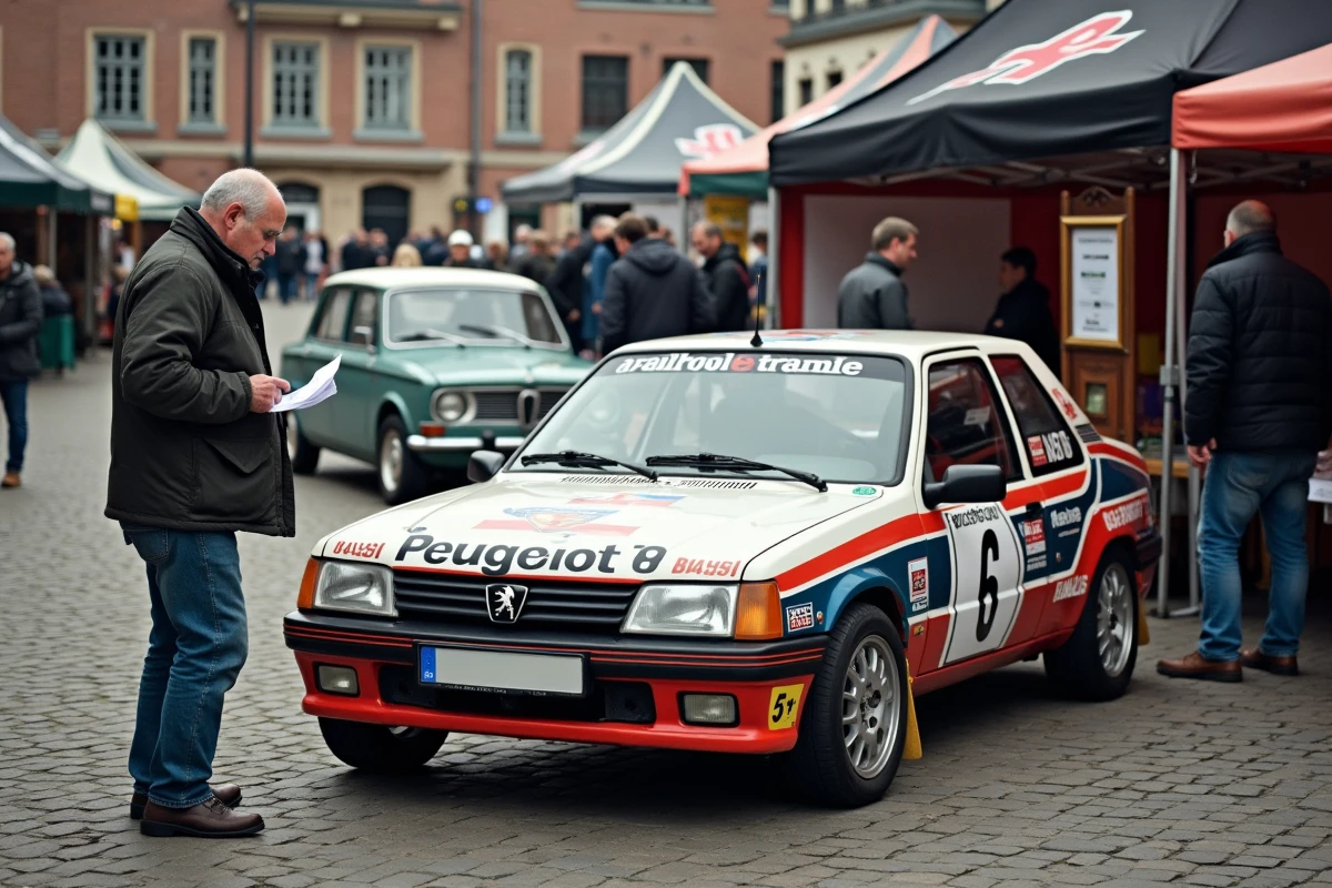 Peugeot 306 Maxi exposée sur un marché automobile en Belgique avec des vendeurs et des annonces imprimées