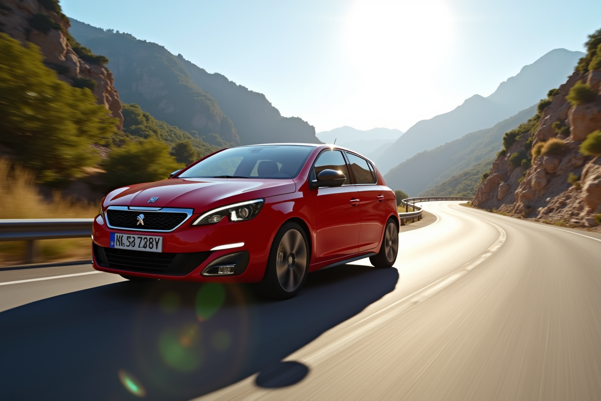 Peugeot 308 GTI rouge en pleine vitesse sur une route de montagne