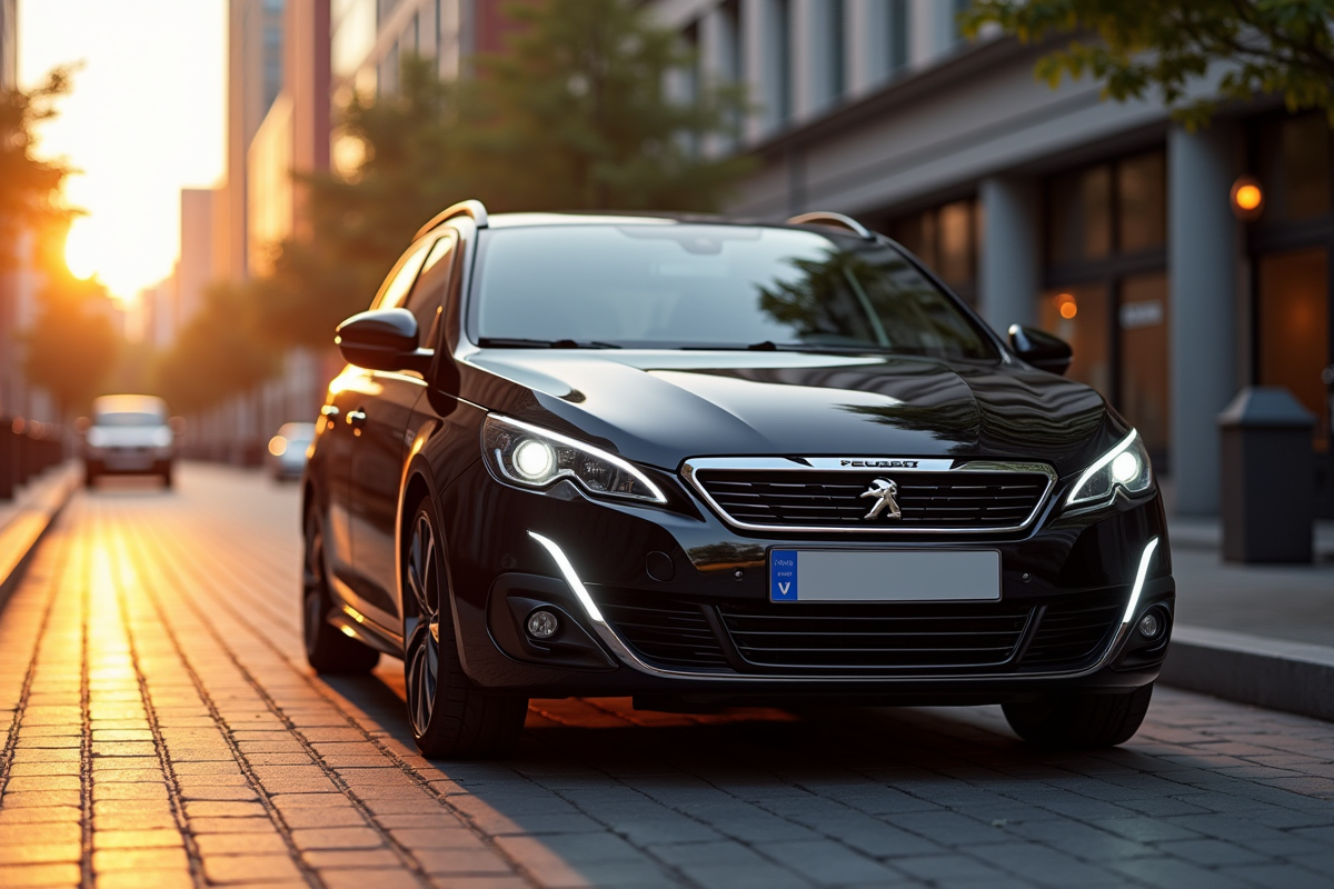 Peugeot 308 GTI stationnée en ville au coucher du soleil