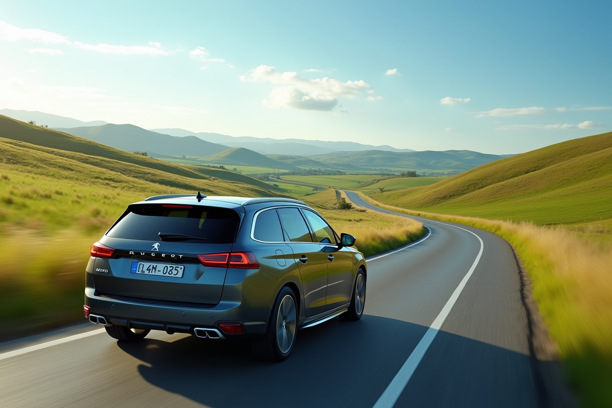 Peugeot 408 en conduite sur une route de campagne ensoleillée