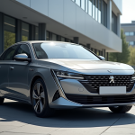 Peugeot 408 neuve devant un bâtiment moderne en ville