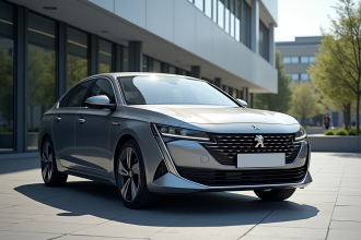 Peugeot 408 neuve devant un bâtiment moderne en ville