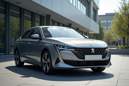 Peugeot 408 neuve devant un bâtiment moderne en ville