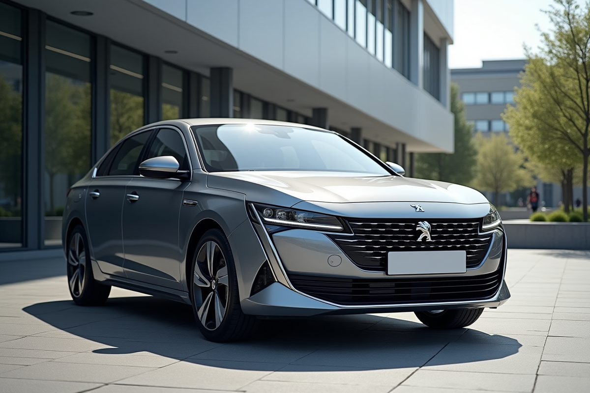 Peugeot 408 neuve devant un bâtiment moderne en ville
